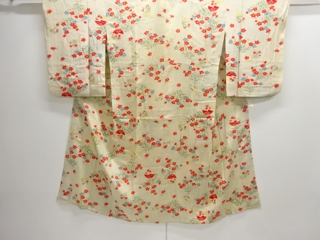 JAPANESE KIMONO / ANTIQUE HITOE JUBAN / SILK / KINSHA / FAN & FLOWER